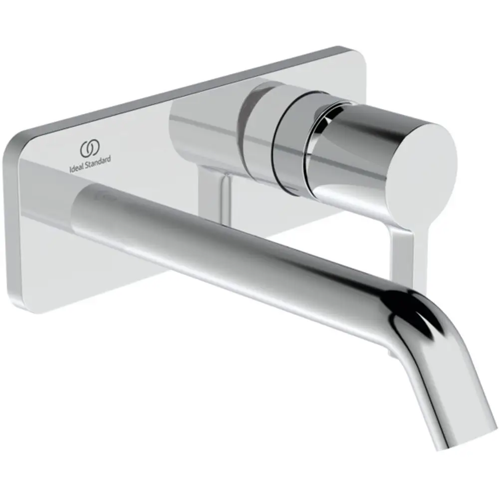 Wandmontierte Armatur mit einem runden Bedienelement und einem langen, gebogenen Auslauf in Chrom. Produkt von Ideal Standard.